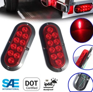 PAIR 2 Red Oval 6" FLANGE SURFACE MOUNT LED Stop Turn Light Trailer Truck RV - Bild 1 von 7