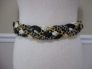 Vintage Black White Animal Print Gold Chain Braided Cord Belt One Size Stretch