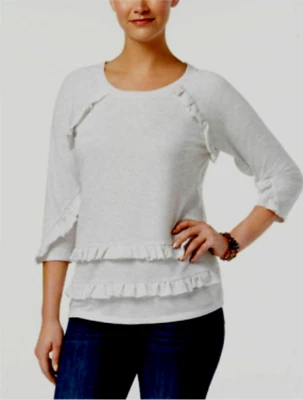 Sudadera con volantes talla L blanca jaspeada manga 3/4 Style & Co precio de venta sugerido por el fabricante 49,50 USD Foto 1 de 4