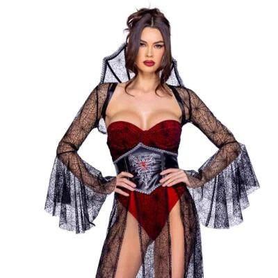 Black Widow Costume Spiderweb Shrug Tall Collar Bodysuit Long Skirt Cincher 6376 - Image 1 of 4