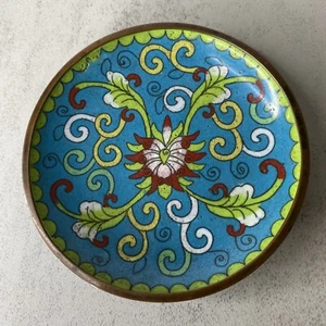Old vintage Chinese 3.75" Round Cloisonne Blue Enamel Copper Dish Plate China - Picture 1 of 8