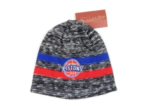 Detroit Pistons Static Team Stripe Mitchell & Ness Knit Beanie Winter Hat New - Picture 1 of 2