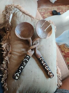 Vgt African Twisted Wood & Bone Fork & Spoon Set Of 2 - Picture 1 of 6