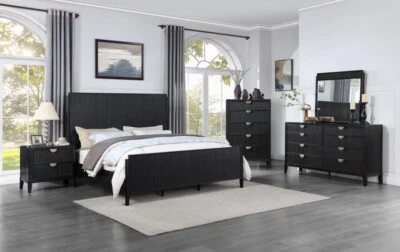 4 PC BLACK WIRE BRUSHED FINISH FLUTED QUEEN BED NS DRESSER BEDROOM FURNITURE SET - Image 1 of 4