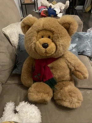 20'' Vintage BHS Brown Teddy Bear wearing a Scarf with Holly On  Plush Soft Toy - Image 1 of 4