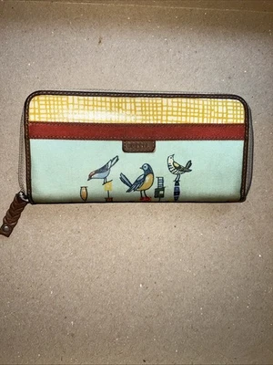 Fossil Key-Per Zip Around Wallet Birds Print Yellow Lining w/ Key Charm - Image 1 of 4