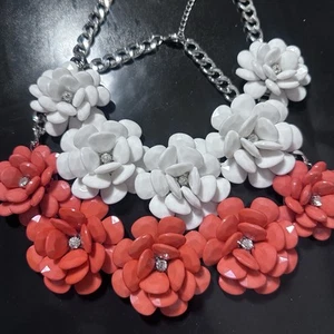 2 - Boho Bib Floral Rhinestone Silver Toned Cuban Chunky Fashion Necklace - Picture 1 of 12