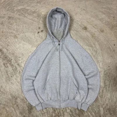 复古 Russell 运动毛衣男式 L 灰色空白拉链连帽衫 90 年代 AP42 — 第 1/4 张图片