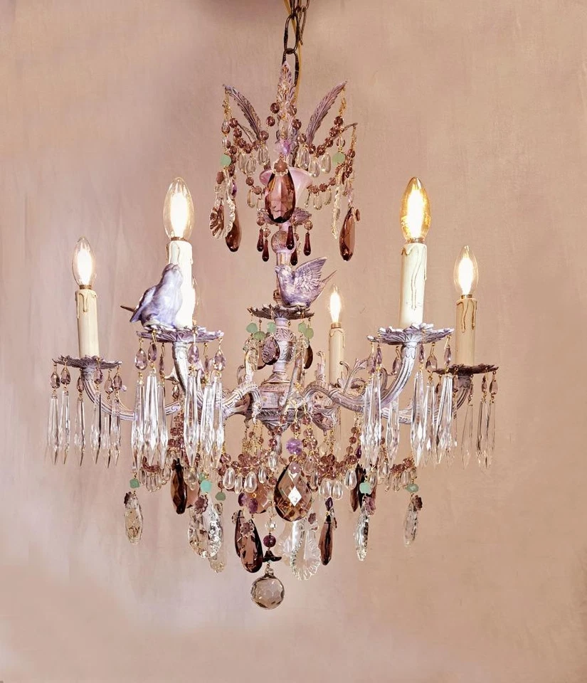 ¡A MEDIDA!  LÁMPARA 6 luces vintage de cristal púrpura, cuentas y latón 26"x29" Foto 1 de 1