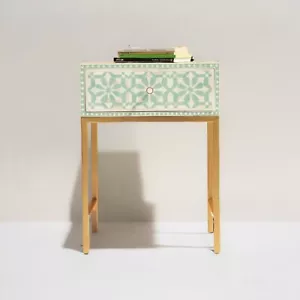 Bone Inlay Bedside Table Nightstand Furniture | Floral Design | Handmade - Picture 1 of 3
