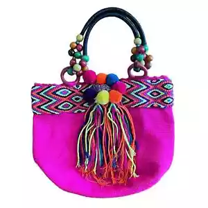 Handgefertigte HOT PINK Neontasche handgewebte Bommel Bommeln hell bunte Rucksacktasche - Bild 1 von 4