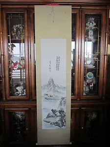 Signed Chinese Landscape Mountains Silk Scroll Wall Hanging Watercolor Painting - Picture 1 of 10