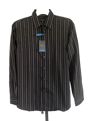 Van Heusen L 16-16.5  L/S  Cotton Rich No Iron Shirt Black, Brown Gray, Striped - Image 1 of 2