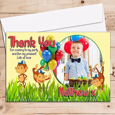10 Personalised Boys Girls Monkey Birthday Party Thank you PHOTO Cards N121 - Image 1 of 2