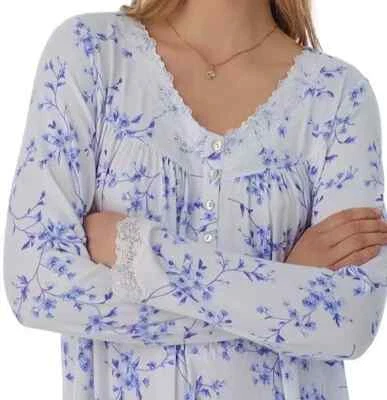 NUEVO CON ETIQUETAS Eileen West BLANCO/AZUL FLORAL SUAVE SUÉTER TEJIDO 35" Camisón Para Mujer L ENCAJE Foto 1 de 4