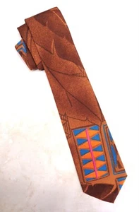 BONWIT TELLER Cotton Necktie ITALY Designer GEOMETRIC Blue/Brown/Orange EUC  - Picture 1 of 6