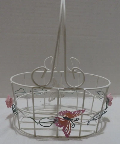 WHITE WIRE BASKET WITH BUTTERFLIES AND FLOWERS NIB Cover