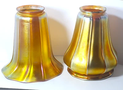 Antique QUEZAL Gold Aurene Glass Trumpet Lily Sconce Chandelier Shades Lot of 2 - Image 1 of 4