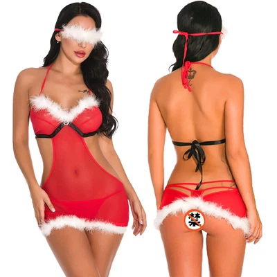 Conjunto de lencería navideña sexy para mujer ropa de dormir roja encaje transparente camisón tanga Foto 1 de 4