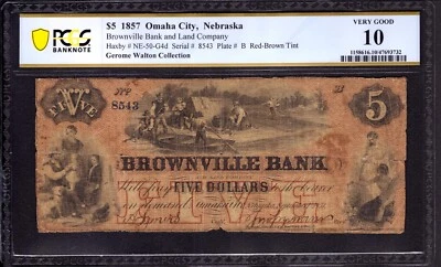 1857 $5 BROWNVILLE BANK & LAND COMPANY NEBRASKA RB TINT OBSOLETE NOTE PCGS VG 10 - Image 1 of 3