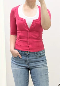 Max Rave Pink Lightweight Fitted Short Sleeve Button Down Cropped Cardigan XS - Picture 1 of 14