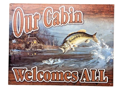 Our Cabin Welcomes All Fishing Tin Sign 12.5 x 16-in Rustic Cabin Lodge Gift NEW - Image 1 of 4