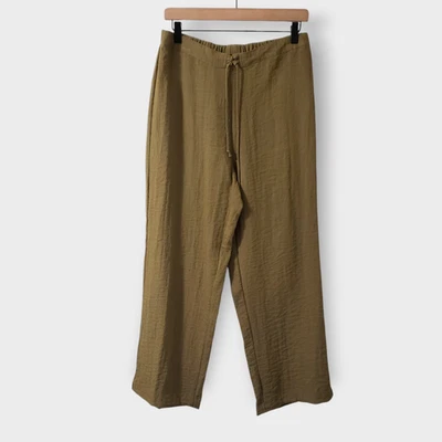 Habitat Clothing Crinkle Textured Drawstring Wide Leg Pants Green Sz M Lagenlook - Image 1 of 4
