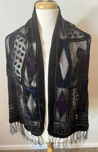 Rechteck Halstuch Fensterscheibe Samt Ausbrenner Quaste Fransen schwarz/lila - Bild 1 von 9