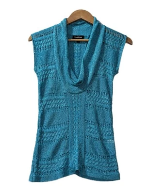 Y2K Bebe Island Blue Metallic Knit Cowl Neck Sleeveless Sweater Top XS - Image 1 of 4