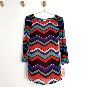 Gianni Bini NWT Fall Chevron Long Sleeve Mini Dress Red & Blue Juniors Size 1 - Picture 1 of 10