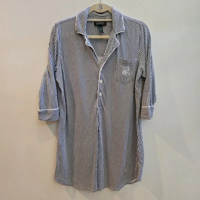 Lauren Ralph Lauren M Negro Blanco Rayas Algodón Pullover Vestido de Noche Camisa para Dormir Foto 1 de 4
