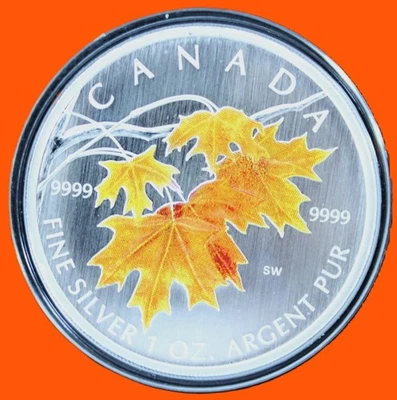 2007 $5 Canada Maple Leaf Colorized 1oz. SILVER - Sugar Maple in Orange - Image 1 of 4