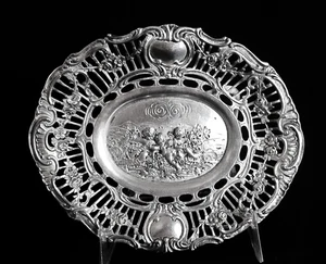 Oval Antique German Reticulated Cherub Silver Trinket Tray 5 3/4" 92 g - Picture 1 of 5
