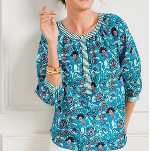 Talbots Bright Blue Floral Popover Jacobean Floral Paisley Spring Casual Size L - Picture 1 of 9