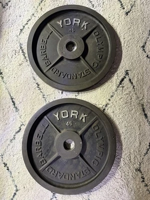 Пара винтажных оригинальных весовых пластин с отделкой/патиной Olympic York 45 фунтов  - Изображение 1 из 4