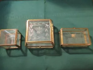 Lot of 3 clear glass Boxes brass trim Metal trinket boxes preowned - Picture 1 of 11