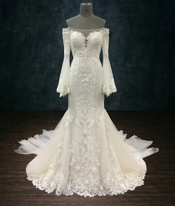 BEADED LACE MERMAID WEDDING DRESS WITH LONG BELL SLEEVES TULLE - Picture 1 of 12