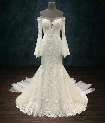 BEADED LACE MERMAID WEDDING DRESS WITH LONG BELL SLEEVES TULLE - Image 1 of 4