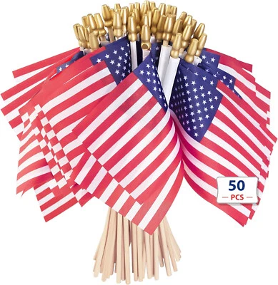 TBC 50 Pcs 4x6 in American Wooden Stick Flags Handheld USA Flag Veteran Party