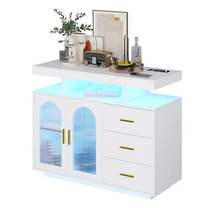 LED Coffee Bar Cabinet Cabinet Kitchen Storage Cabinet with 24 Colors Lights - Picture 1 of 12