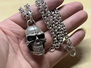 Solid 925 Sterling Silver Mens Heavy Big Biker Skull Pendant Rolo Chain Necklace - Picture 1 of 11