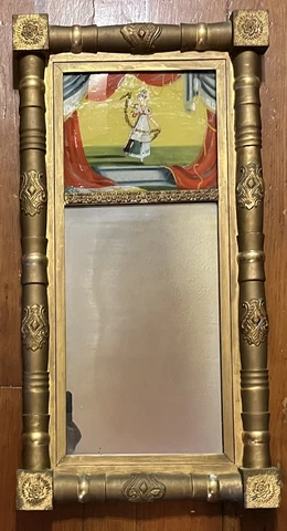 1820 Reverse Painted Federal Wood "Lady w/Floral Garland" Mirror 15"x 30” CT Cover
