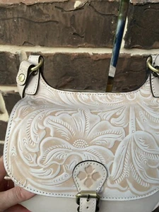 NWT $199 Patricia Nash Linny Saddle Bag Chalk White Crossbody Burnished Tooled S - Picture 1 of 7