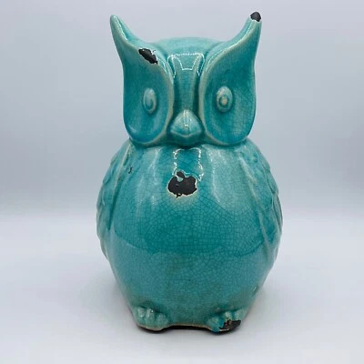Vintage Owl Teal Blue Ceramic 9” Rustic Crackle Glaze Patio Home Decor Animal - Image 1 of 4