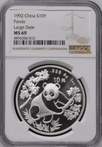 NGC MS69 China 1992 Large Date Panda Silver Coin 1oz 10 Yuan - Picture 1 of 2