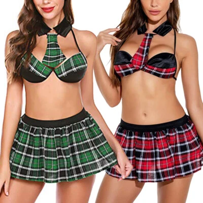 Conjuntos de lencería a cuadros para mujeres escolares niñas halter sujetador top con mini faldas Foto 1 de 4
