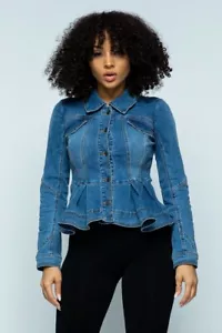 Peplum Denim Long Sleeve Jacket - Picture 1 of 5