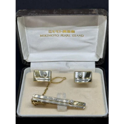Juego de gemelos y pasadores de corbata de perlas genuinas MIKIMOTO [EXC] limitado de JAPÓN◎ Foto 1 de 4