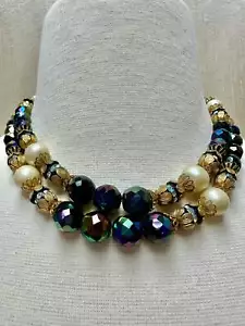 Vintage HOBE Aurora Borealis AB Crystal Pearl Double Strand Necklace - 15.5-18" - Picture 1 of 4
