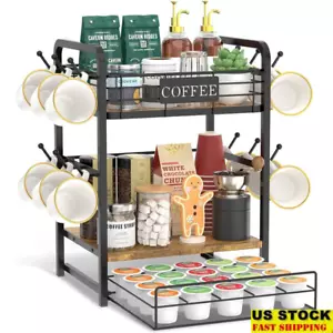 Coffee Bar Organizer Shelf Mug Holder 3 Tier Stand W/ Hooks & Pod Drawer Black - Picture 1 of 13